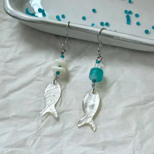 Pearly Fish Blue Beaded Earrings