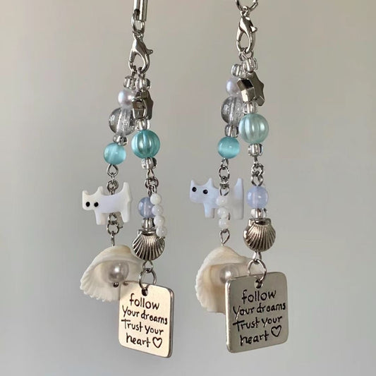 Blue & Pearl White Kitty Beaded Keychain!